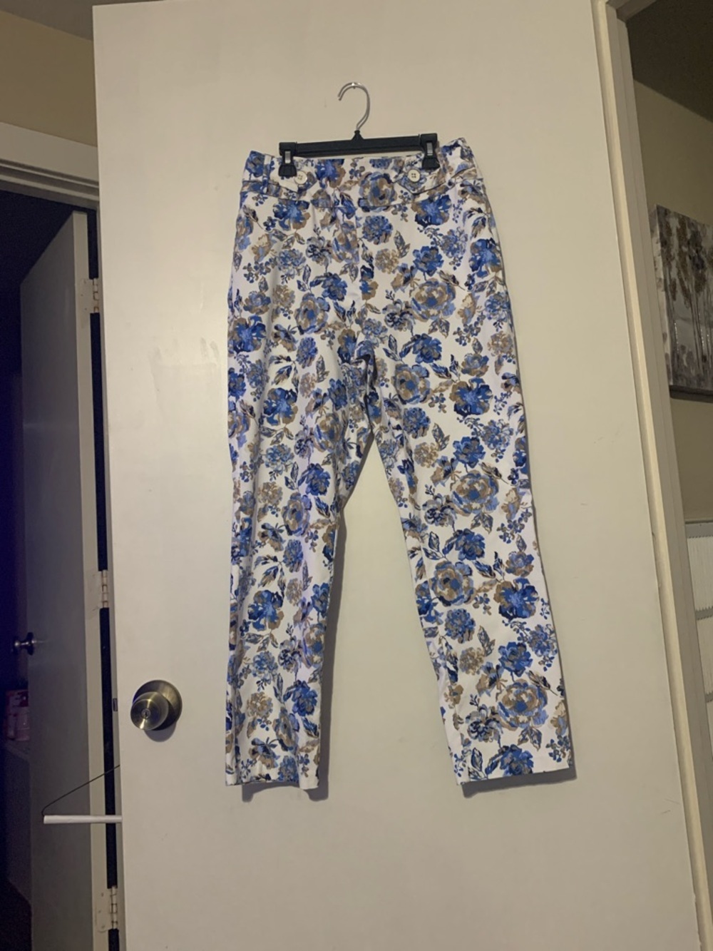 Cato White Floral Trousers with Blue and Tan Blooms